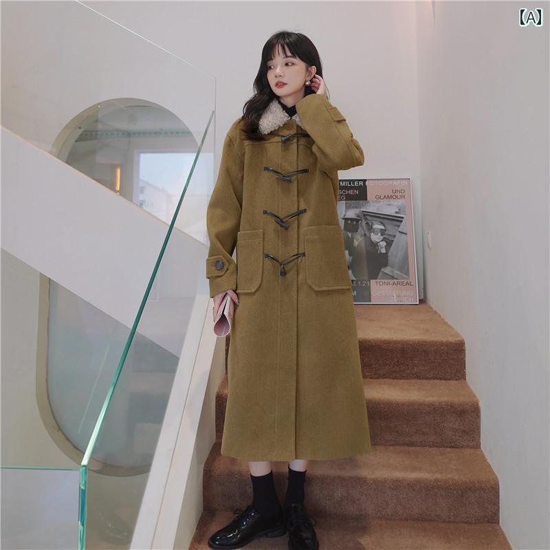 レディース アウター ウールコート カジュアル おしゃれ 防寒 暖かい 韓国 スタイル ホーンボタン 女性 秋冬 ロング カレッジ スタイル 厚手 ラム