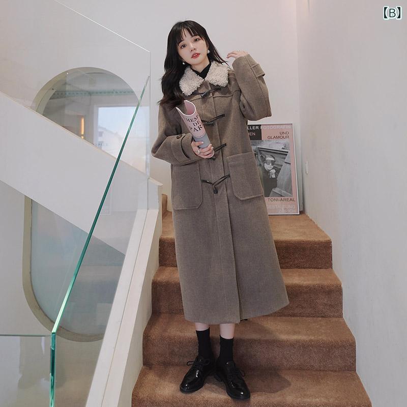 レディース アウター ウールコート カジュアル おしゃれ 防寒 暖かい 韓国 スタイル ホーンボタン 女性 秋冬 ロング カレッジ スタイル 厚手 ラム