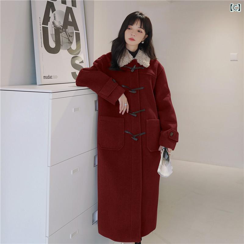 レディース アウター ウールコート カジュアル おしゃれ 防寒 暖かい 韓国 スタイル ホーンボタン 女性 秋冬 ロング カレッジ スタイル 厚手 ラム