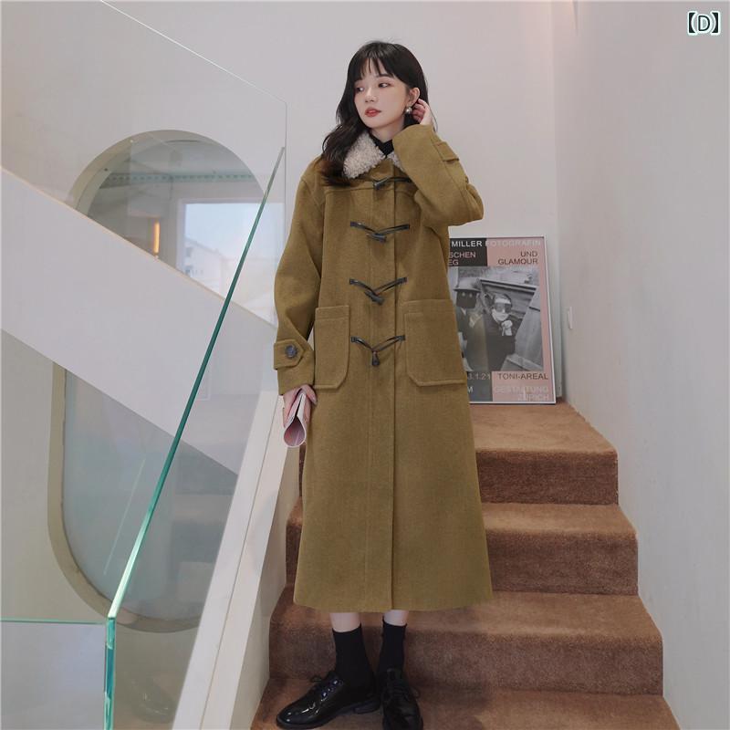 レディース アウター ウールコート カジュアル おしゃれ 防寒 暖かい 韓国 スタイル ホーンボタン 女性 秋冬 ロング カレッジ スタイル 厚手 ラム