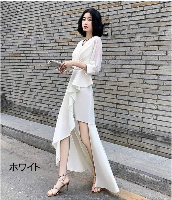 ドレス 大人 ピアノ 発表会 ロングドレス 母親 結婚式 演奏会 ピアノ発表会 パーティー ワンピース 二次会 袖あり Vネック ファスナー 大人 フォーマル アシンメトリードレス イブニングドレス