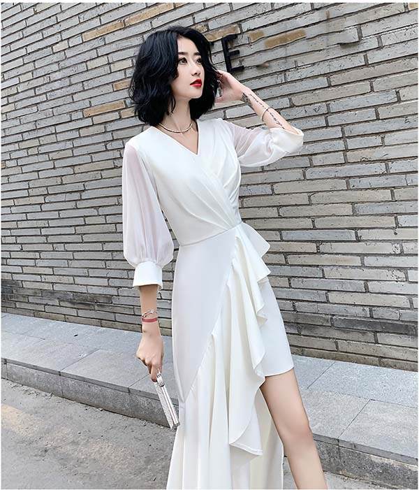 ドレス 大人 ピアノ 発表会 ロングドレス 母親 結婚式 演奏会 ピアノ発表会 パーティー ワンピース 二次会 袖あり Vネック ファスナー 大人 フォーマル アシンメトリードレス イブニングドレス