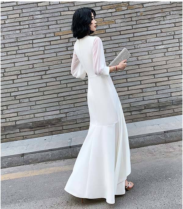 ドレス 大人 ピアノ 発表会 ロングドレス 母親 結婚式 演奏会 ピアノ発表会 パーティー ワンピース 二次会 袖あり Vネック ファスナー 大人 フォーマル アシンメトリードレス イブニングドレス