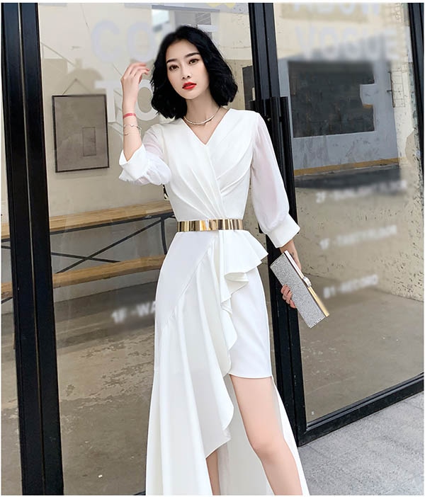 ドレス 大人 ピアノ 発表会 ロングドレス 母親 結婚式 演奏会 ピアノ発表会 パーティー ワンピース 二次会 袖あり Vネック ファスナー 大人 フォーマル アシンメトリードレス イブニングドレス