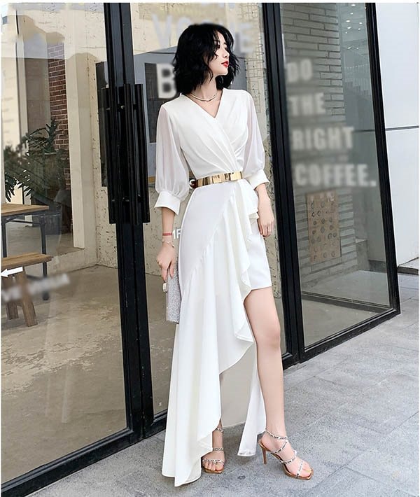 ドレス 大人 ピアノ 発表会 ロングドレス 母親 結婚式 演奏会 ピアノ発表会 パーティー ワンピース 二次会 袖あり Vネック ファスナー 大人 フォーマル アシンメトリードレス イブニングドレス