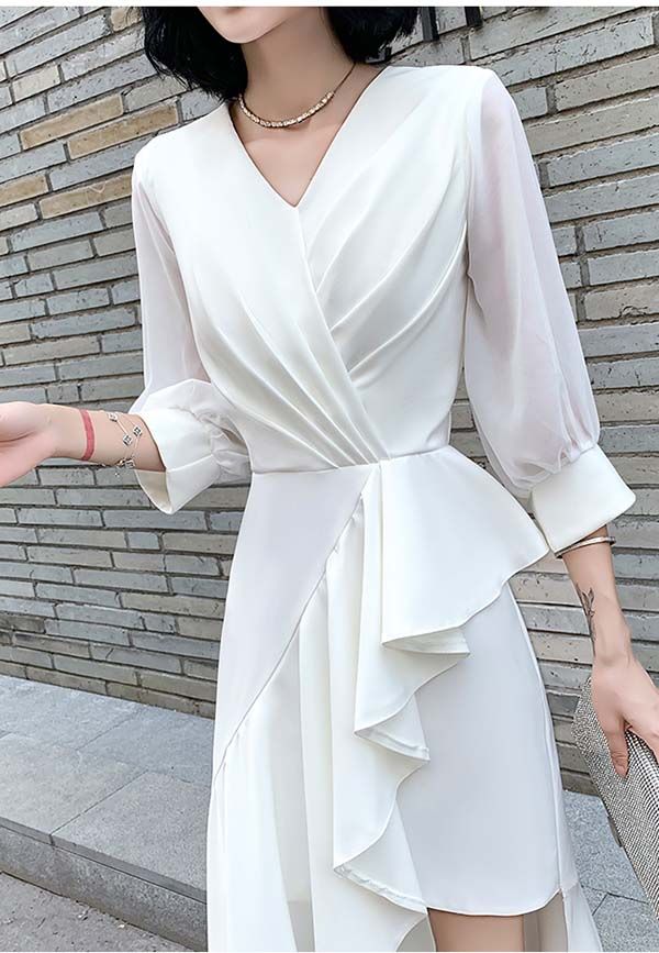 ドレス 大人 ピアノ 発表会 ロングドレス 母親 結婚式 演奏会 ピアノ発表会 パーティー ワンピース 二次会 袖あり Vネック ファスナー 大人 フォーマル アシンメトリードレス イブニングドレス