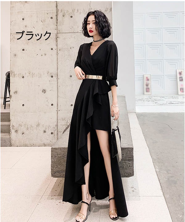 ドレス 大人 ピアノ 発表会 ロングドレス 母親 結婚式 演奏会 ピアノ発表会 パーティー ワンピース 二次会 袖あり Vネック ファスナー 大人 フォーマル アシンメトリードレス イブニングドレス