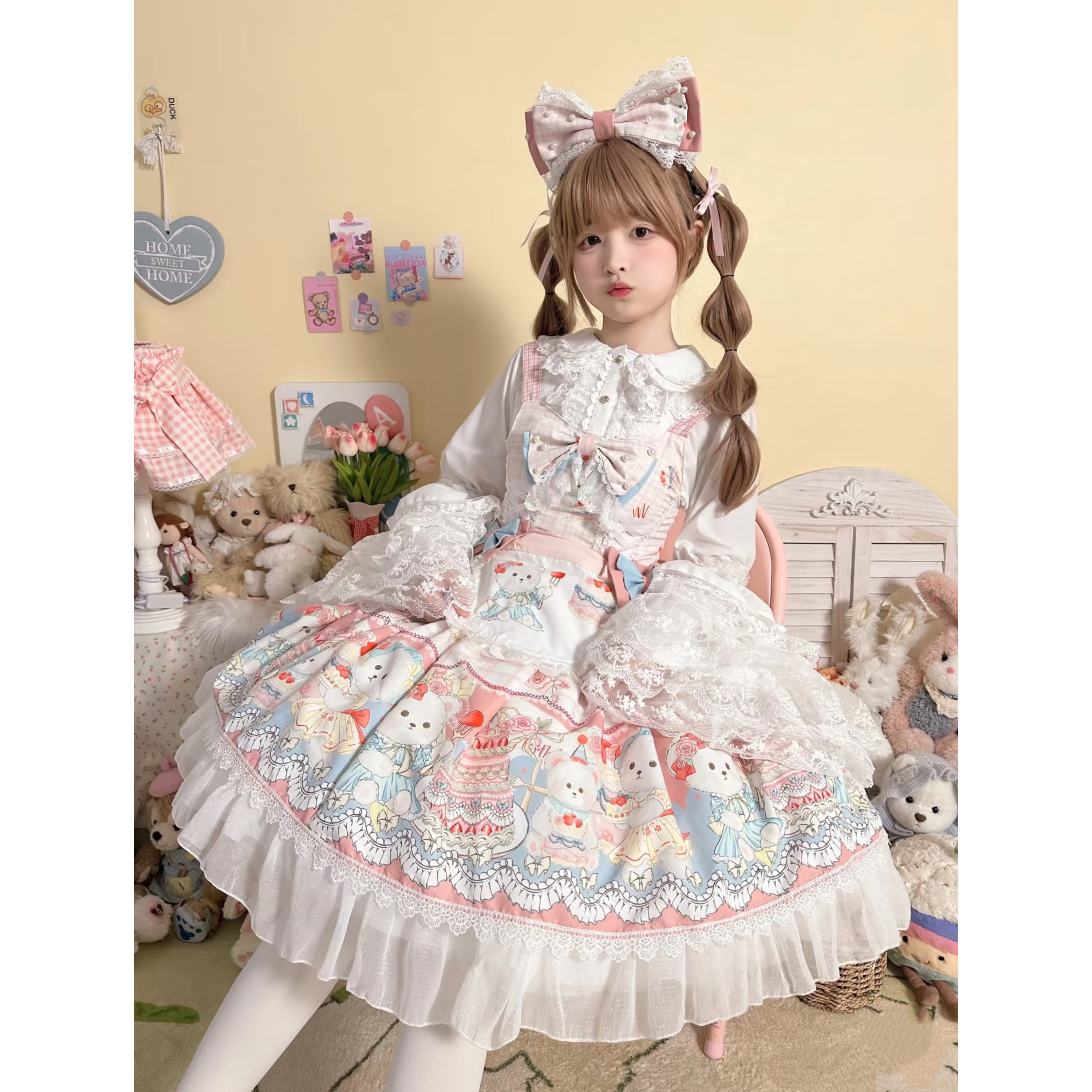Lolita正規品自作jsk夏スタイルベアパーティーワンピースロリータ女子ストラップ姫袖プルオーバースカート