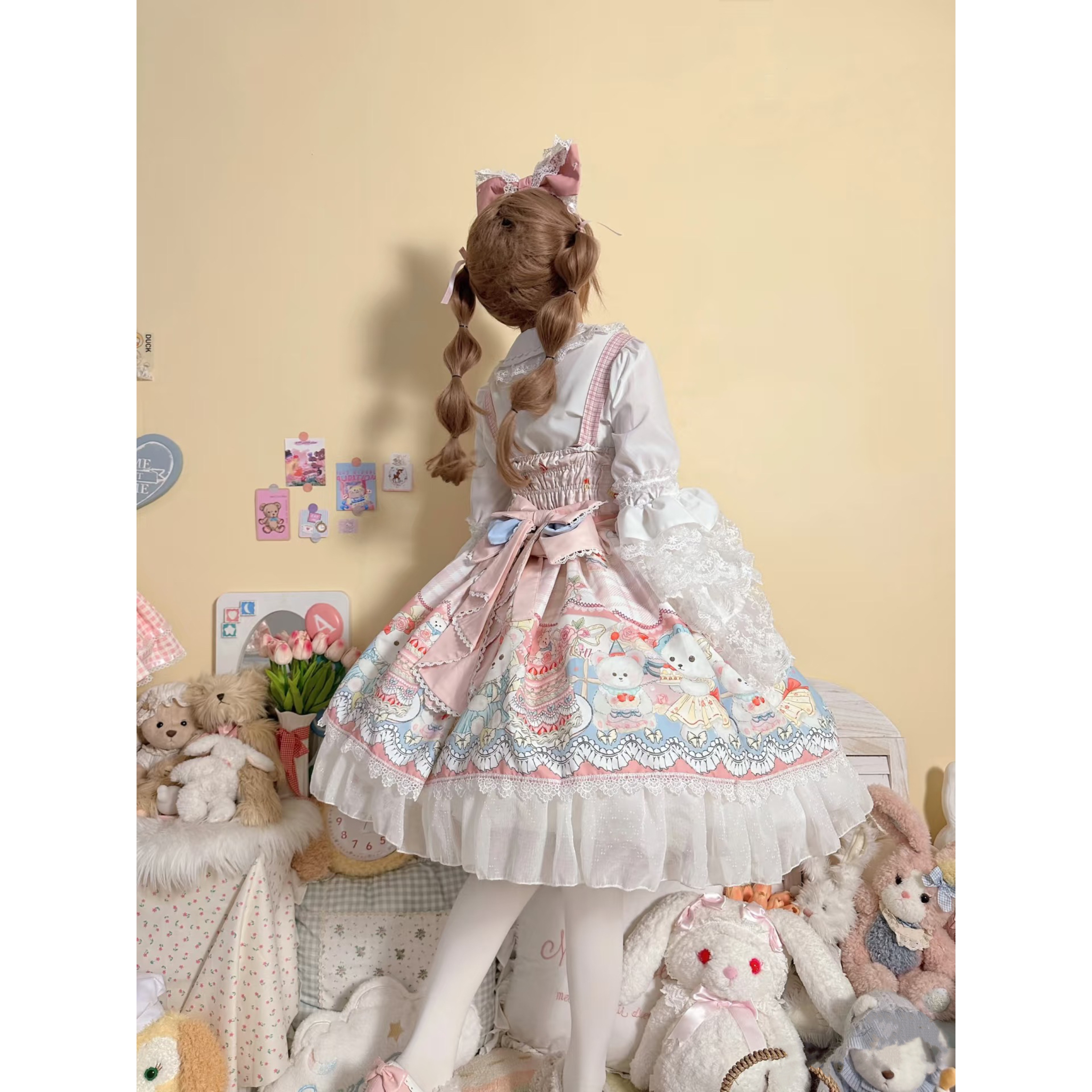 Lolita正規品自作jsk夏スタイルベアパーティーワンピースロリータ女子ストラップ姫袖プルオーバースカート