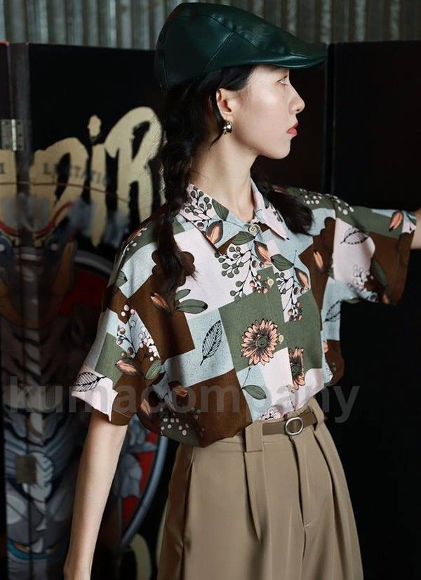 柄シャツ レディース トップス 春夏 アロハシャツ 花柄 襟付き シャツ ブラウス 半袖 総柄 羽織り 春 夏 個性的 カジュアル おしゃれ 大人可愛い レトロ ゆったり km