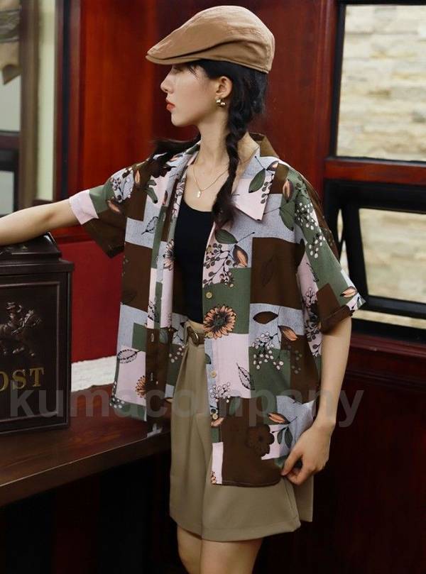 柄シャツ レディース トップス 春夏 アロハシャツ 花柄 襟付き シャツ ブラウス 半袖 総柄 羽織り 春 夏 個性的 カジュアル おしゃれ 大人可愛い レトロ ゆったり km