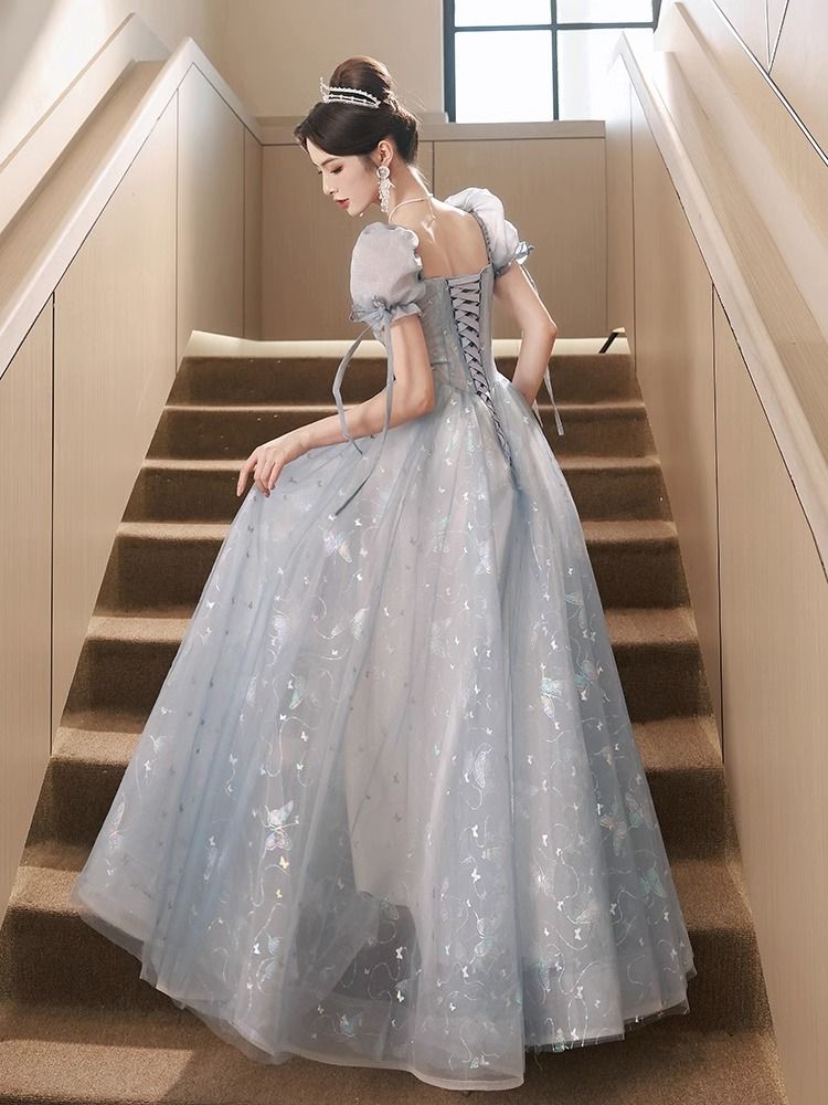 パーティードレス ブルーのタキシードスカート宴会フレンチカジュアル小人数気質ハイエンド高級感プリンセス声楽芸考演出女