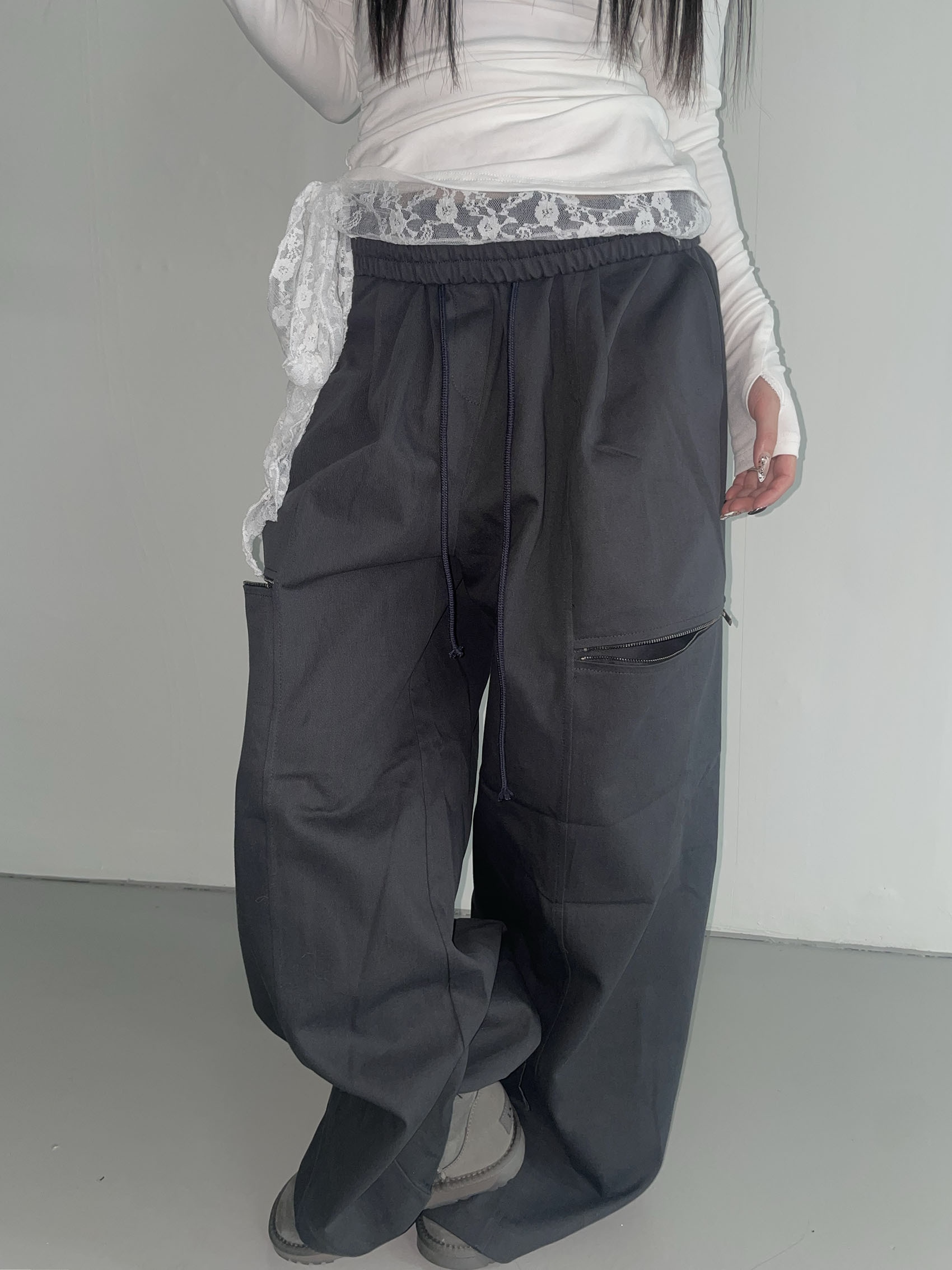 【THEAIRTOWN】Diagonal Zipper Big Pocket Wide Pants ★ THEAIRTOWN】waker wide zipper pt (2 color) パンツ