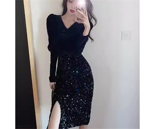 フェイクツーピース レディース ワンピース プルオーバー ドレス タイトスカート 膝下 ミモレ 長袖 パフスリーブ Vネック Aライン スリット ハイウエスト 切り替えデザイン ドッキング フェイクツーピース レディース ワンピース プルオーバー ドレス タイトスカート 膝下 ミモレ 長袖 パフスリーブ Vネック Aライン スリット ハイウエスト 切り替えデザイン ドッキング