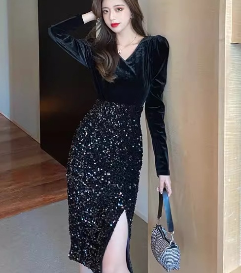 フェイクツーピース レディース ワンピース プルオーバー ドレス タイトスカート 膝下 ミモレ 長袖 パフスリーブ Vネック Aライン スリット ハイウエスト 切り替えデザイン ドッキング フェイクツーピース レディース ワンピース プルオーバー ドレス タイトスカート 膝下 ミモレ 長袖 パフスリーブ Vネック Aライン スリット ハイウエスト 切り替えデザイン ドッキング