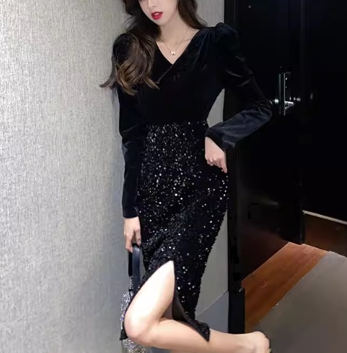 フェイクツーピース レディース ワンピース プルオーバー ドレス タイトスカート 膝下 ミモレ 長袖 パフスリーブ Vネック Aライン スリット ハイウエスト 切り替えデザイン ドッキング フェイクツーピース レディース ワンピース プルオーバー ドレス タイトスカート 膝下 ミモレ 長袖 パフスリーブ Vネック Aライン スリット ハイウエスト 切り替えデザイン ドッキング