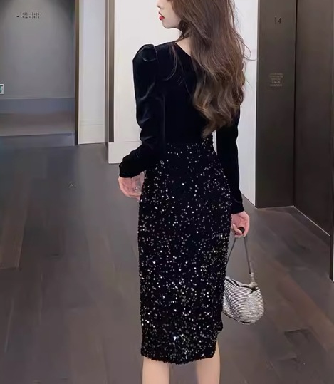 フェイクツーピース レディース ワンピース プルオーバー ドレス タイトスカート 膝下 ミモレ 長袖 パフスリーブ Vネック Aライン スリット ハイウエスト 切り替えデザイン ドッキング フェイクツーピース レディース ワンピース プルオーバー ドレス タイトスカート 膝下 ミモレ 長袖 パフスリーブ Vネック Aライン スリット ハイウエスト 切り替えデザイン ドッキング