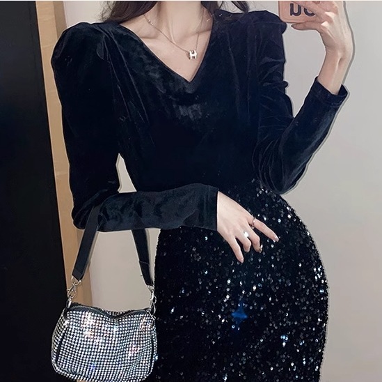 フェイクツーピース レディース ワンピース プルオーバー ドレス タイトスカート 膝下 ミモレ 長袖 パフスリーブ Vネック Aライン スリット ハイウエスト 切り替えデザイン ドッキング フェイクツーピース レディース ワンピース プルオーバー ドレス タイトスカート 膝下 ミモレ 長袖 パフスリーブ Vネック Aライン スリット ハイウエスト 切り替えデザイン ドッキング