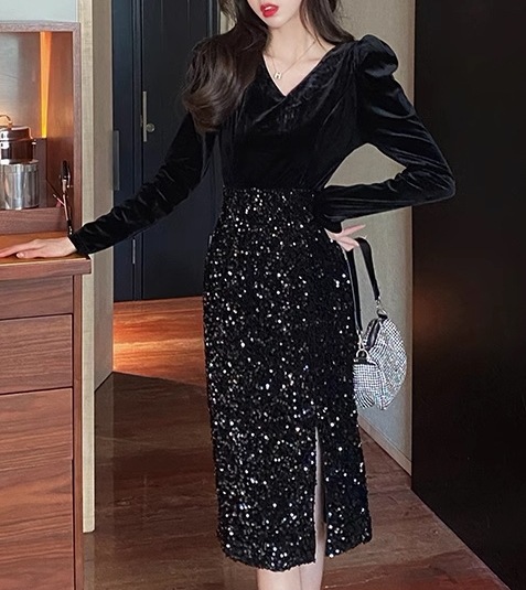 フェイクツーピース レディース ワンピース プルオーバー ドレス タイトスカート 膝下 ミモレ 長袖 パフスリーブ Vネック Aライン スリット ハイウエスト 切り替えデザイン ドッキング フェイクツーピース レディース ワンピース プルオーバー ドレス タイトスカート 膝下 ミモレ 長袖 パフスリーブ Vネック Aライン スリット ハイウエスト 切り替えデザイン ドッキング