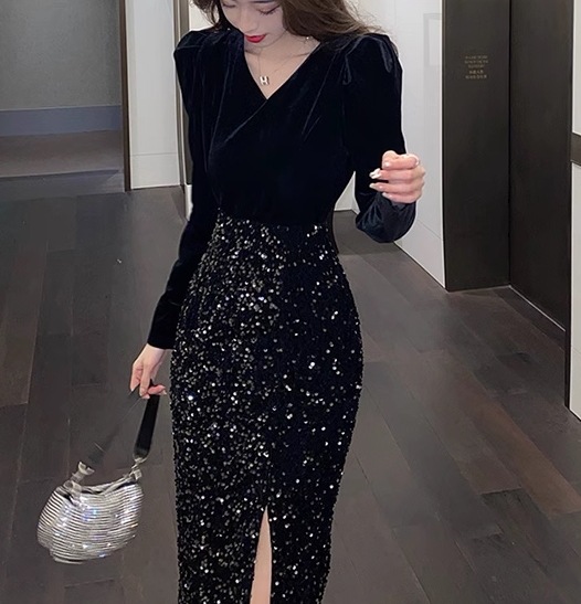 フェイクツーピース レディース ワンピース プルオーバー ドレス タイトスカート 膝下 ミモレ 長袖 パフスリーブ Vネック Aライン スリット ハイウエスト 切り替えデザイン ドッキング フェイクツーピース レディース ワンピース プルオーバー ドレス タイトスカート 膝下 ミモレ 長袖 パフスリーブ Vネック Aライン スリット ハイウエスト 切り替えデザイン ドッキング