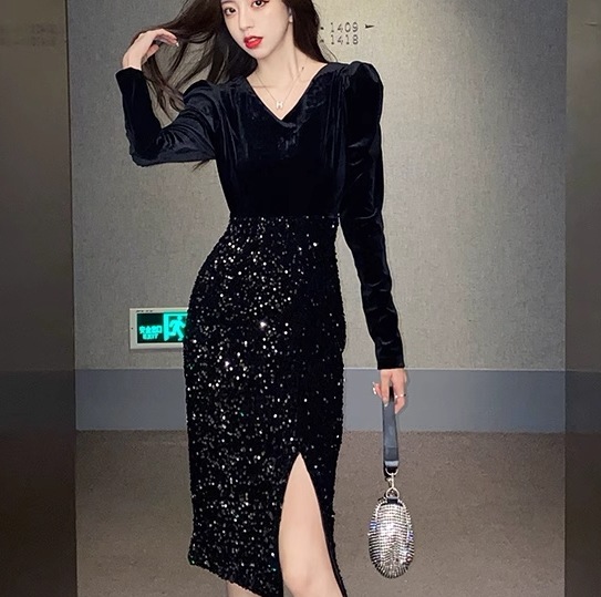 フェイクツーピース レディース ワンピース プルオーバー ドレス タイトスカート 膝下 ミモレ 長袖 パフスリーブ Vネック Aライン スリット ハイウエスト 切り替えデザイン ドッキング フェイクツーピース レディース ワンピース プルオーバー ドレス タイトスカート 膝下 ミモレ 長袖 パフスリーブ Vネック Aライン スリット ハイウエスト 切り替えデザイン ドッキング