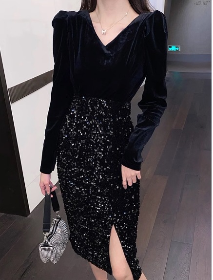 フェイクツーピース レディース ワンピース プルオーバー ドレス タイトスカート 膝下 ミモレ 長袖 パフスリーブ Vネック Aライン スリット ハイウエスト 切り替えデザイン ドッキング フェイクツーピース レディース ワンピース プルオーバー ドレス タイトスカート 膝下 ミモレ 長袖 パフスリーブ Vネック Aライン スリット ハイウエスト 切り替えデザイン ドッキング