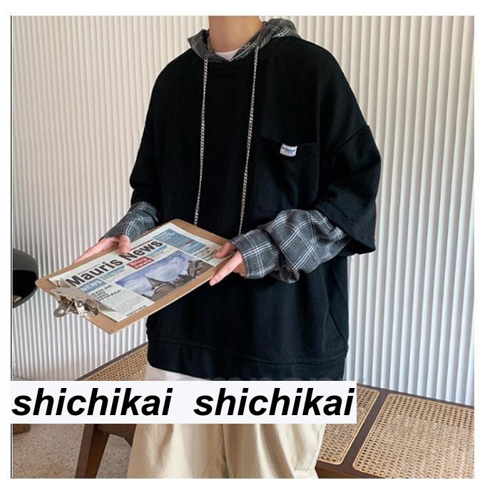 パーカー フード付きパーカー フェイクレイヤード プルパーカー メンズ トップス スウェット トレーナー カラーブロッキング チャック柄 カットソー