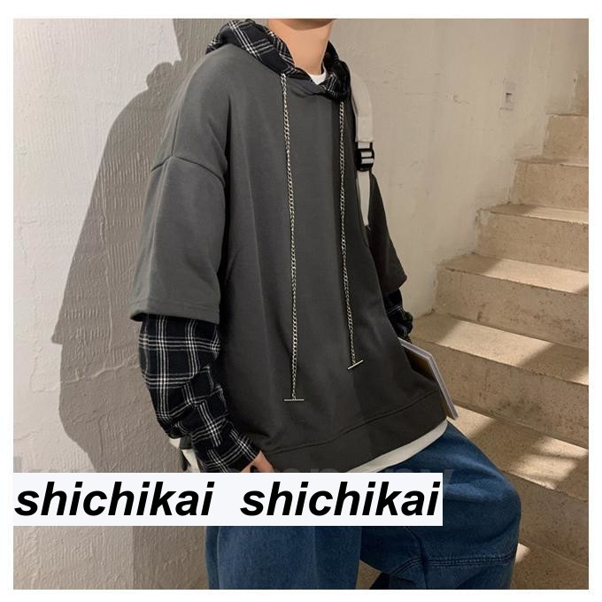 パーカー フード付きパーカー フェイクレイヤード プルパーカー メンズ トップス スウェット トレーナー カラーブロッキング チャック柄 カットソー