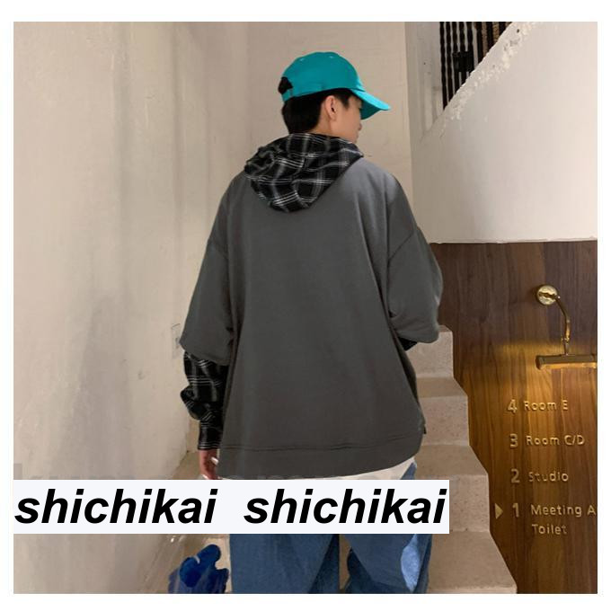 パーカー フード付きパーカー フェイクレイヤード プルパーカー メンズ トップス スウェット トレーナー カラーブロッキング チャック柄 カットソー