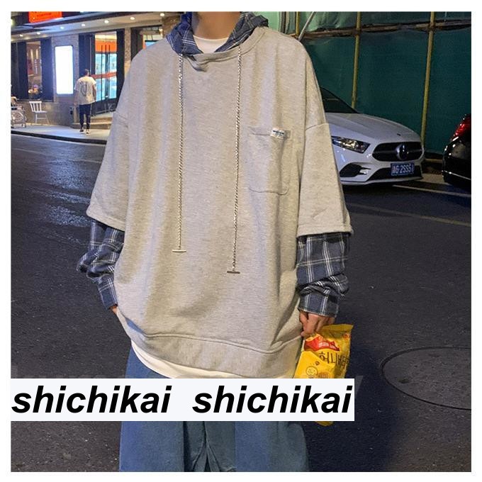パーカー フード付きパーカー フェイクレイヤード プルパーカー メンズ トップス スウェット トレーナー カラーブロッキング チャック柄 カットソー