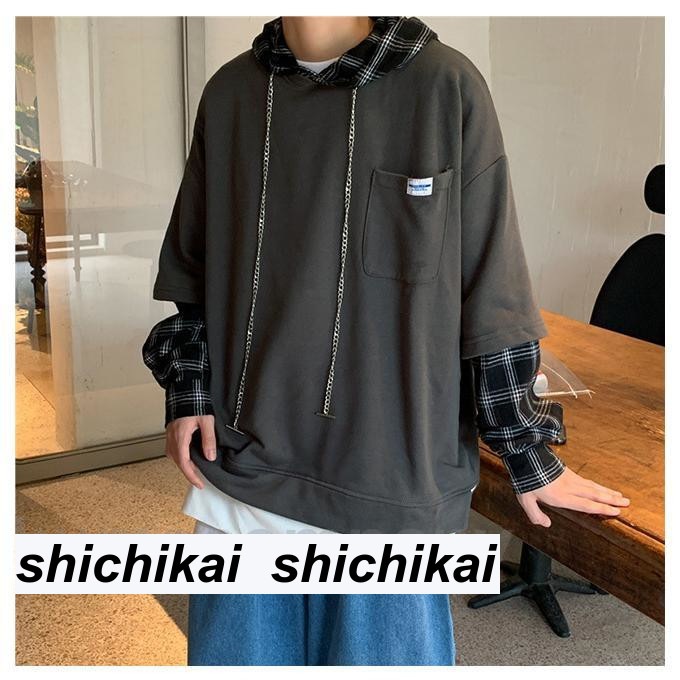 パーカー フード付きパーカー フェイクレイヤード プルパーカー メンズ トップス スウェット トレーナー カラーブロッキング チャック柄 カットソー