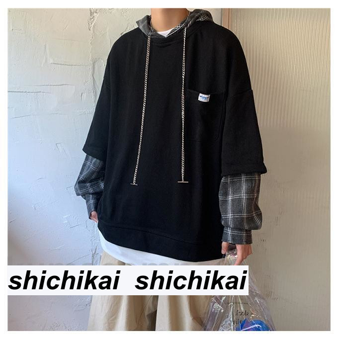 パーカー フード付きパーカー フェイクレイヤード プルパーカー メンズ トップス スウェット トレーナー カラーブロッキング チャック柄 カットソー