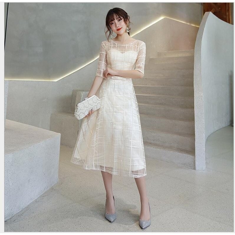 ミモレドレス ウエディングドレス パーティードレス 10代 20代 30代40代 結婚式ワンピース 袖あり aライン お呼ばれ 食事会 二次会 披露宴 卒業式 成人式