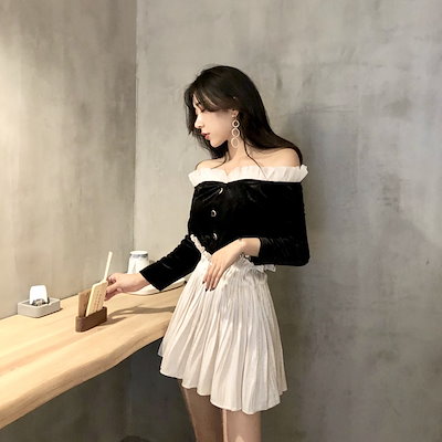 韓国ファッション 韓国 ブラウス オフショルダー ガーリー ベロア風 シフォン ボタン ブラック ロリータ フレア 襟 (9B080501) 韓国ファッション 韓国 ブラウス オフショルダー ガーリー ベロア風 シフォン ボタン ブラック ロリータ フレア 襟 (9B080501)