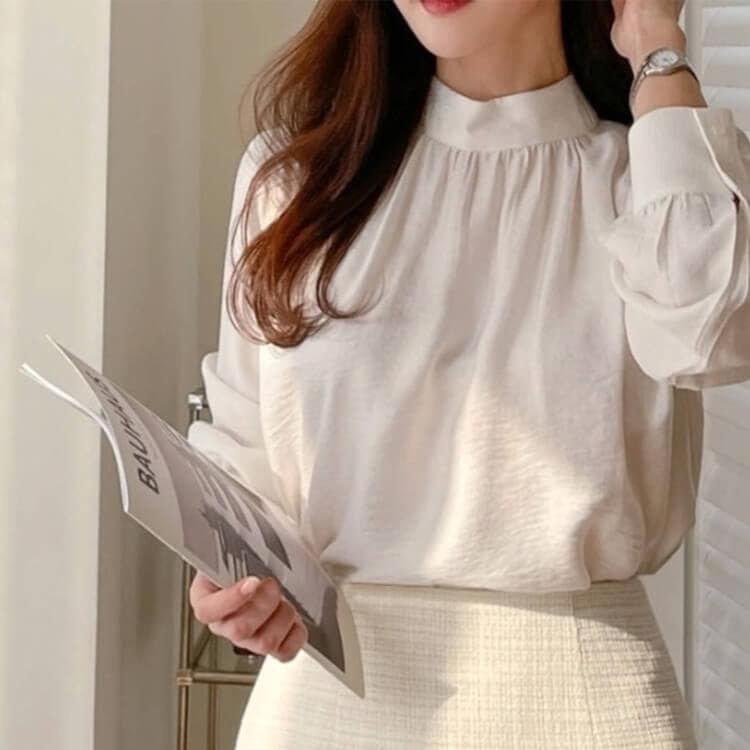 ブラウス レディース 韓国 モックネック ハイネック ギャザー 長袖 トップス エレガント フェミニン OL オフィス 上品 ピンク ネイビー ホワイト アイボリー 白
