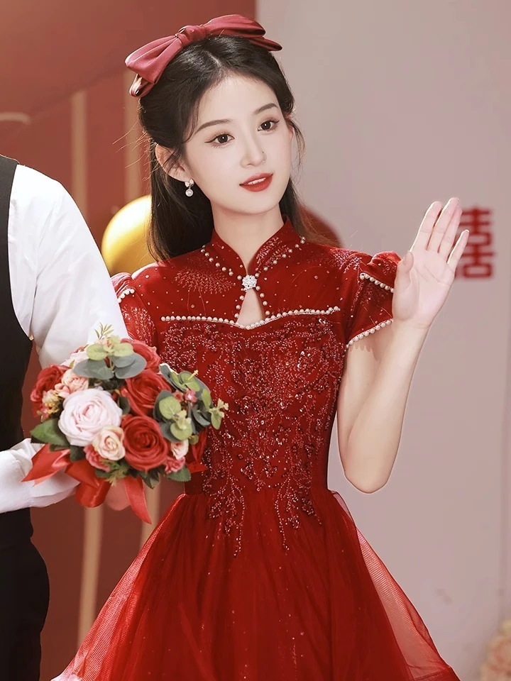 チャイナドレス 2025 花嫁の結婚式レッドメインウェディングドレス