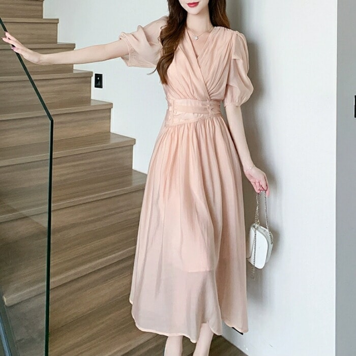 ワンピース ドレス 袖あり レディース エレガント きれいめ カジュアル ミモレ丈 ロングワンピ 大人 可愛い 五分袖 フェミニン カシュクール Vネック パーティー フォーマル セレモニー 二次会