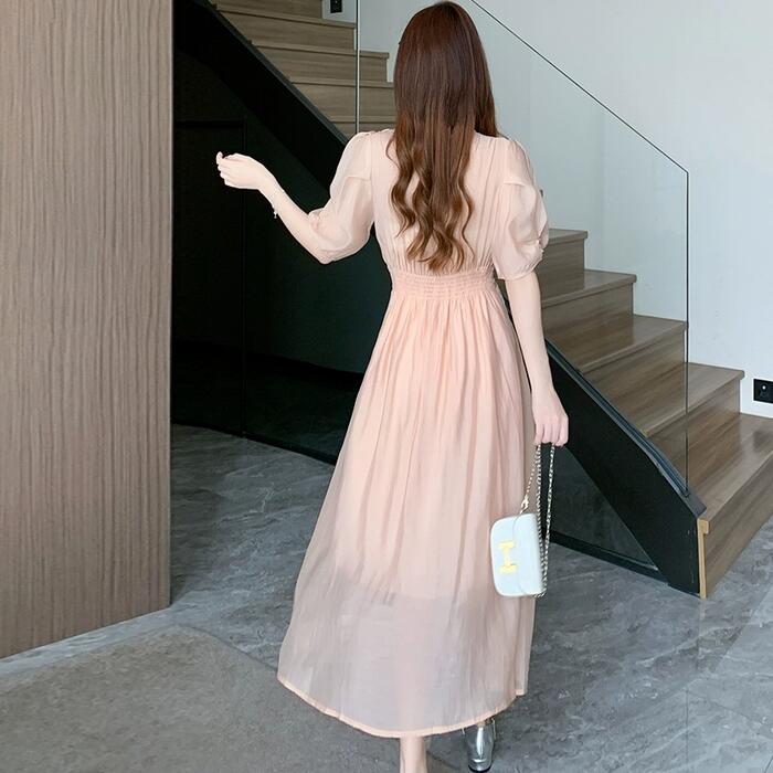 ワンピース ドレス 袖あり レディース エレガント きれいめ カジュアル ミモレ丈 ロングワンピ 大人 可愛い 五分袖 フェミニン カシュクール Vネック パーティー フォーマル セレモニー 二次会