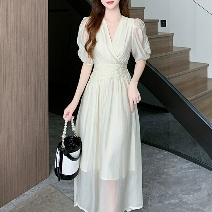 ワンピース ドレス 袖あり レディース エレガント きれいめ カジュアル ミモレ丈 ロングワンピ 大人 可愛い 五分袖 フェミニン カシュクール Vネック パーティー フォーマル セレモニー 二次会