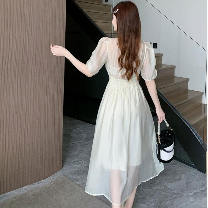ワンピース ドレス 袖あり レディース エレガント きれいめ カジュアル ミモレ丈 ロングワンピ 大人 可愛い 五分袖 フェミニン カシュクール Vネック パーティー フォーマル セレモニー 二次会