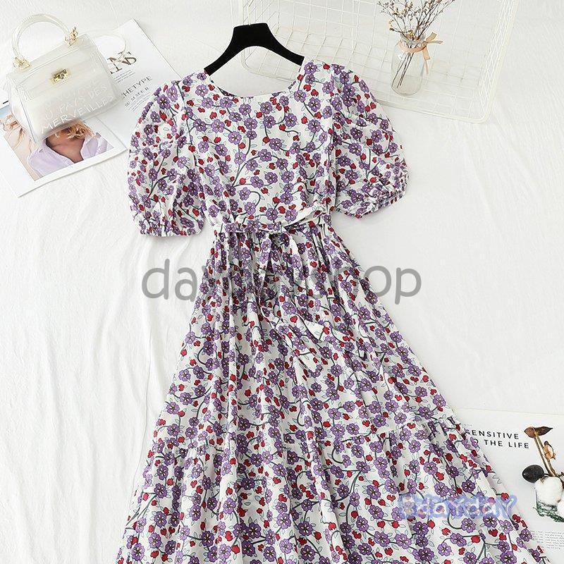 新品登場 ワンピース フレアワンピ 膝下 半袖 スクエアネック 花柄 ボリューム袖 ふんわり ウエストリボン グリーン パープル華やか ミセス リラックス 可愛い