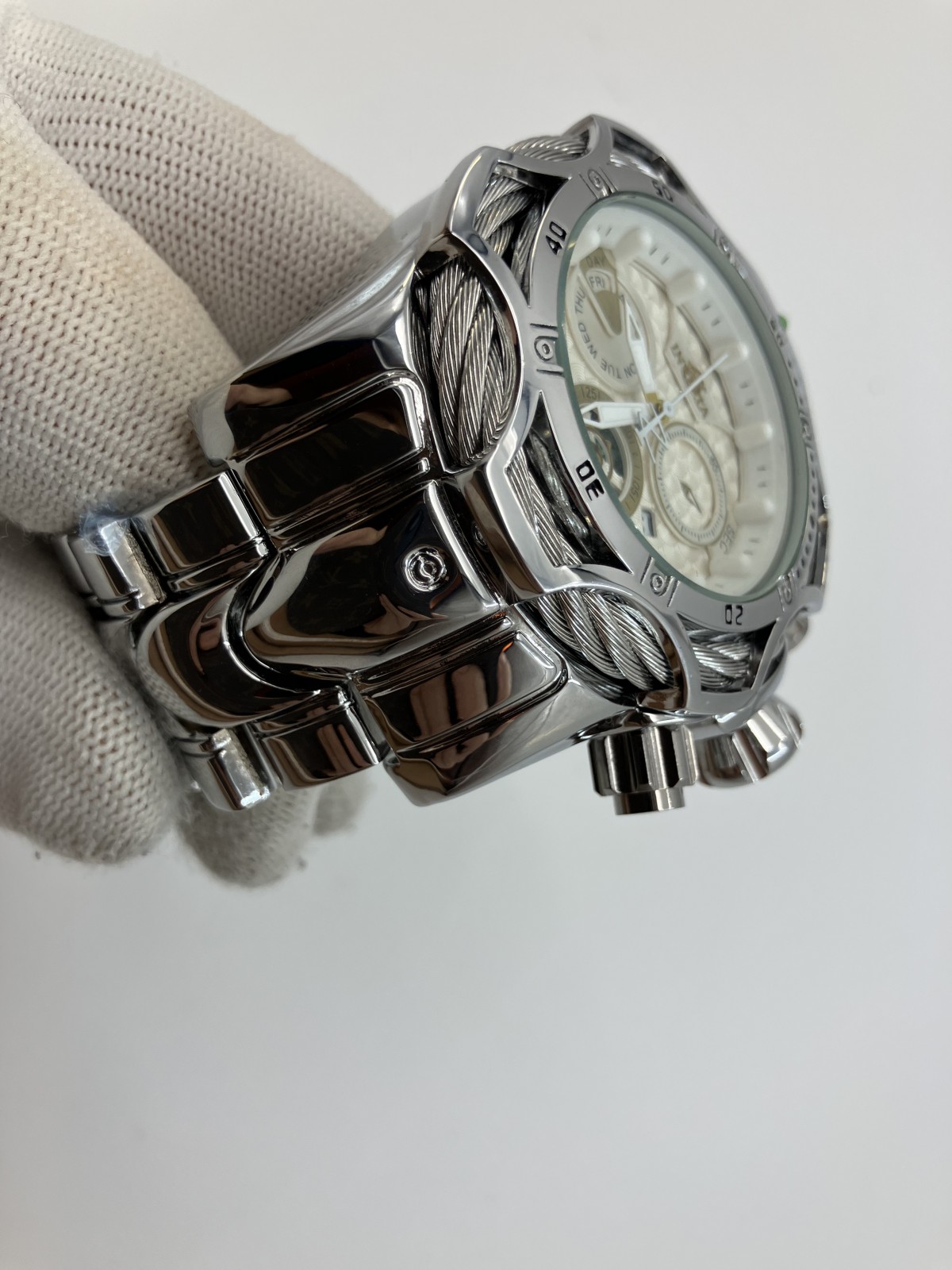 ケース幅60mm 超ビッグフェイス インビクタ クロノ メンズ腕時計 腕回り17cm あまりゴマ6個 シルバー ケース付き 送料無料 ケース幅60mm 超ビッグフェイス インビクタ クロノ メンズ腕時計 腕