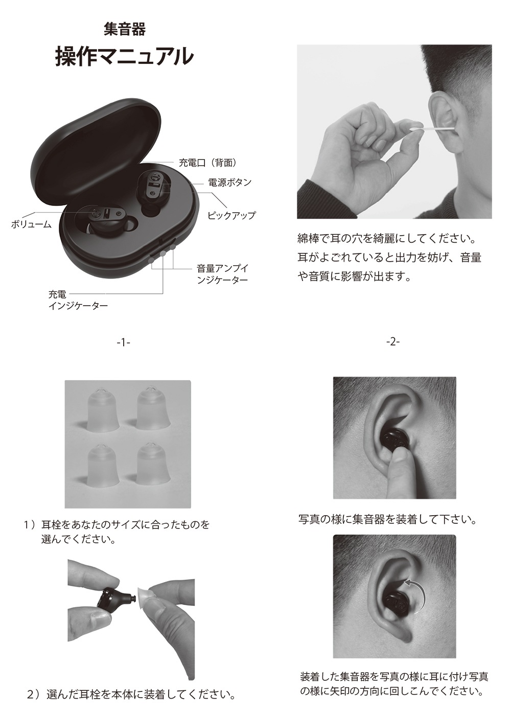 超小型充電式イヤホン型集音器(両耳用2個組)　集音器 イヤホン型 補聴器なみの音質 USB 充電式 音量調節 左右両用 耳にスッポリ 目立たない ワイヤレス 超