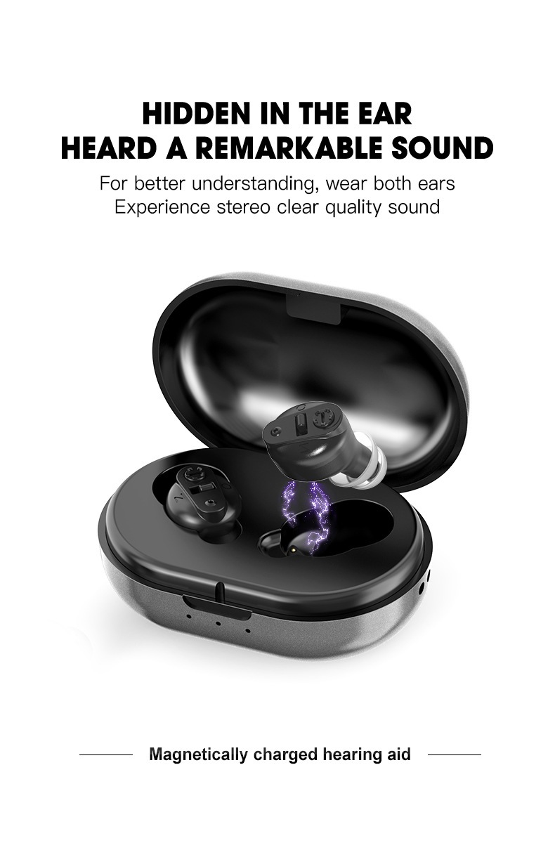 超小型充電式イヤホン型集音器(両耳用2個組)　集音器 イヤホン型 補聴器なみの音質 USB 充電式 音量調節 左右両用 耳にスッポリ 目立たない ワイヤレス 超
