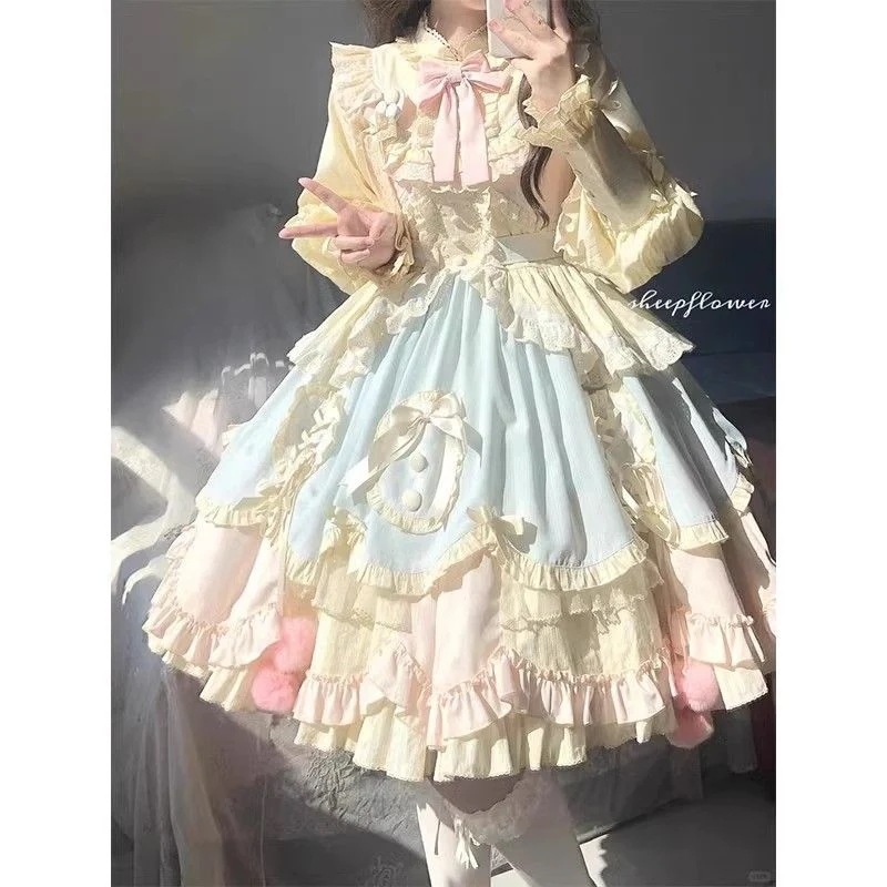 ブルーピンクかわいいロリータスカート長袖ロリータパフプリンセススカート秋と冬opスイートプリンセススカートトレンディワンピースドレスドレス