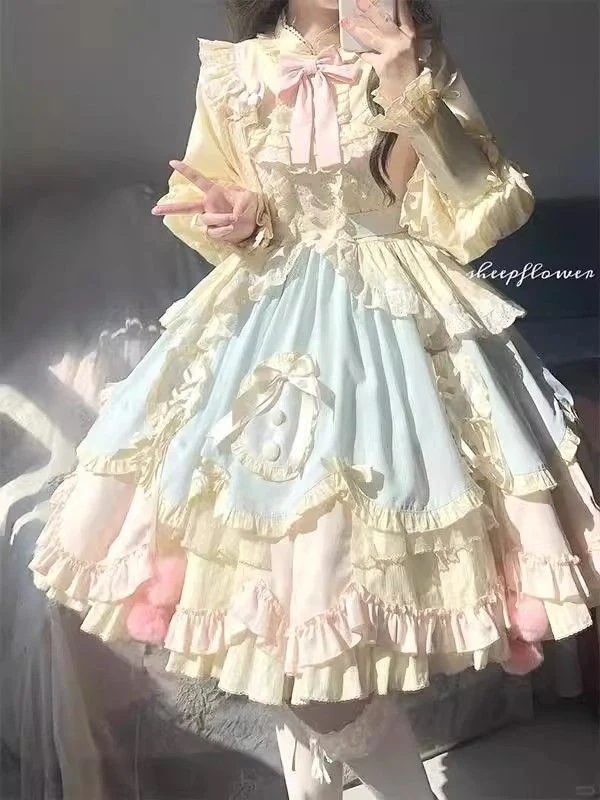 ブルーピンクかわいいロリータスカート長袖ロリータパフプリンセススカート秋と冬opスイートプリンセススカートトレンディワンピースドレスドレス