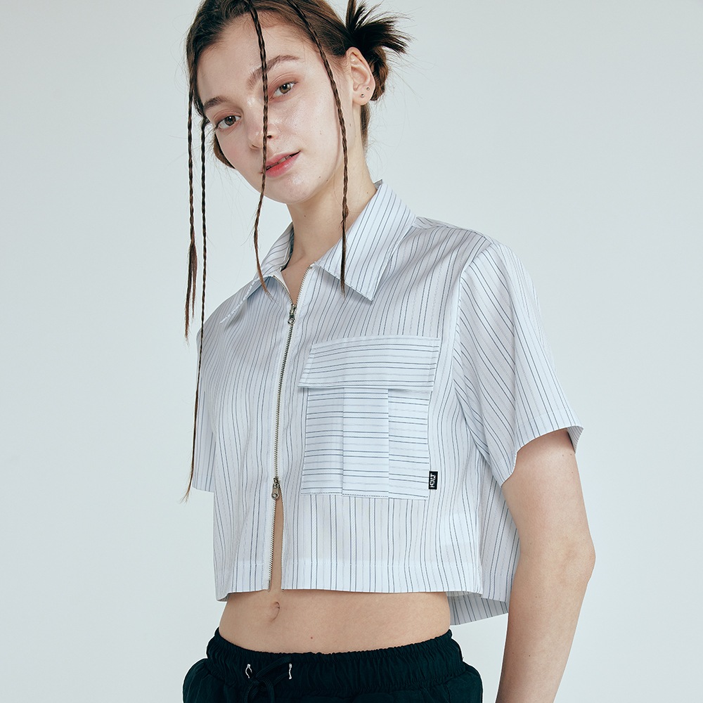 TWO WAY STRIPE CROP SHIRT 双方向 ファスナー ストライプ柄 クロップ シャツ 半袖 トップス TWO WAY STRIPE CROP SHIRT 双方向 ファスナー ストライプ柄 クロップ シャツ 半袖 トップス