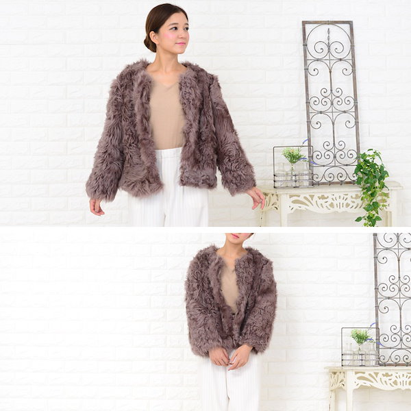 EMBA ガンガンラムファー　ショートコート　ジャケット　毛皮　リアルファー カルガンラムベージュ ファーショートジャケットコート毛皮