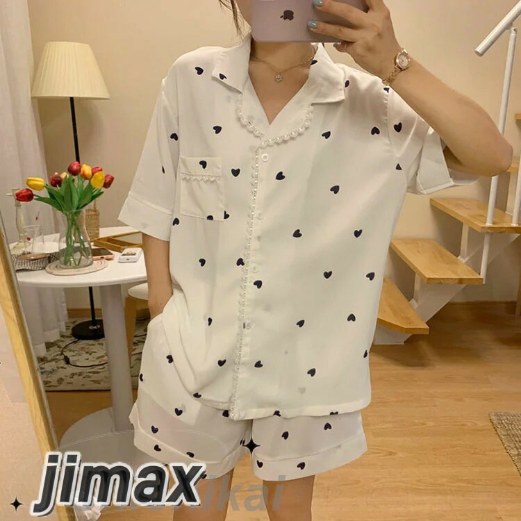 パジャマ レディース 夏 2点セット 上下セット 可愛い ハート柄 部屋着 レディース ルームウエア 半袖パジャマ 寝巻き 上品 ゆったり 綿パジャマ 2色 パジャマ レディース 夏 2点セット 上下セット 可愛い ハート柄 部屋着 レディース ルームウエア 半袖パジャマ 寝巻き 上品 ゆったり 綿パジャマ 2色