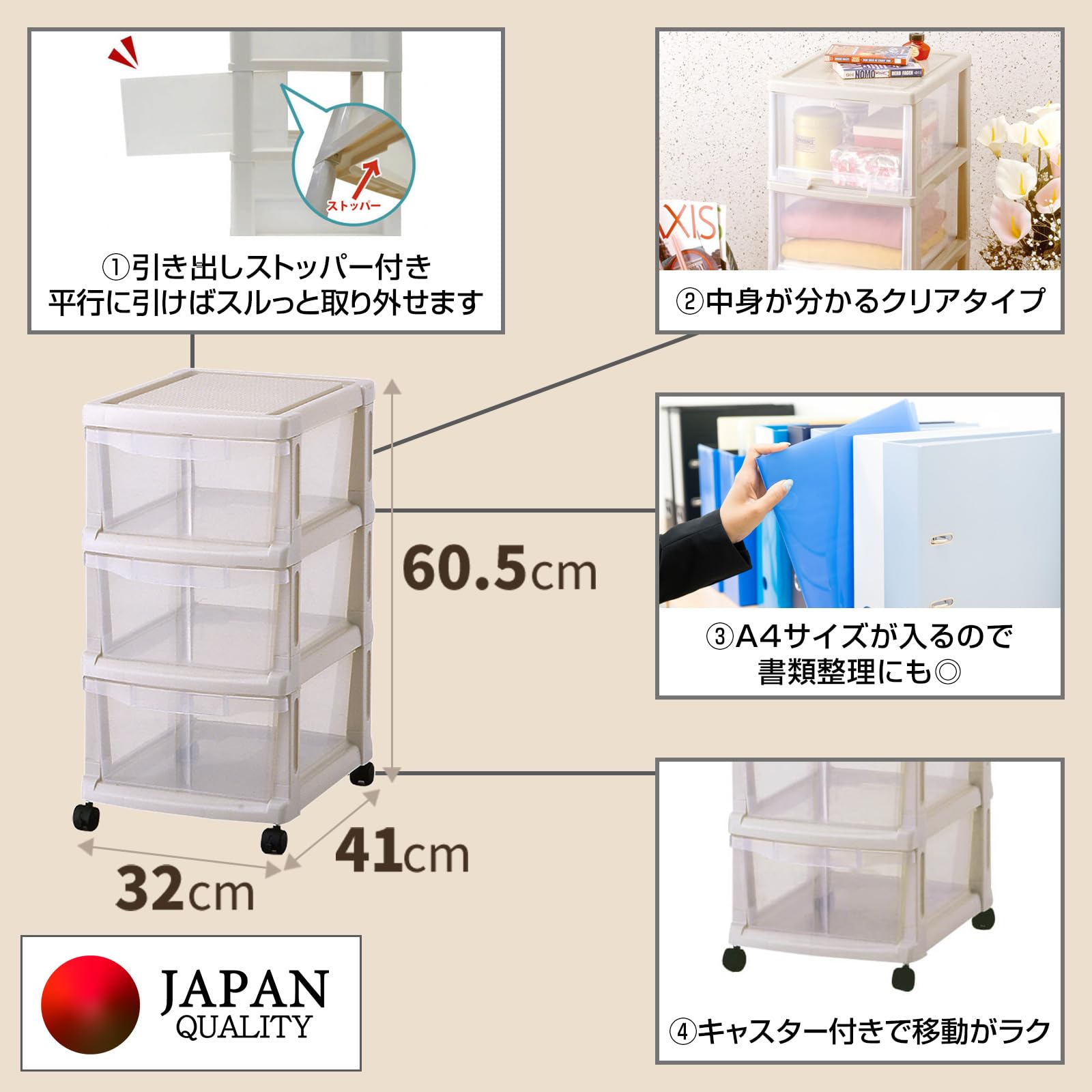 天馬 キャスター付きのシンプルな収納ケース 日本製 簡単組立 ユニフィット 組立式3段 クローゼットで使える衣装ケース 収納ボックス【幅32×奥行41×高さ60.5cm】 天馬 キャスター付きのシンプルな収納ケース 日本製 簡単組立 ユニフィット 組立式3段 クローゼットで使える衣装ケース 収納ボックス【幅32×奥行41×高さ60.5cm】